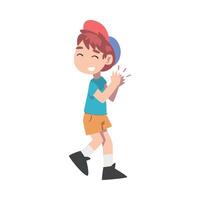 Cute Little Boy Clapping his Hands, Joyful Kid Wearing Shorts, T-shirt and Baseball Cap Expressing Enjoyment, Appreciation, Delight Cartoon Style Illustration vector