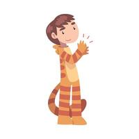 Cute Little Boy Clapping his Hands, Happy Kid Wearing Tiger Costume Jumpsuit Expressing Enjoyment, Appreciation, Delight Cartoon Style Illustration vector