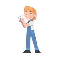 Little Boy Clapping his Hands, Happy Kid on Overalls Applauding Expressing Enjoyment, Appreciation, Delight Cartoon Style Illustration vector