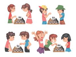 Cute Boys and Girls Playing Chess Game Set, Kids Chess Club, Tournament, Leisure Activity, Logic Game for Brain Development Concept Cartoon Style Illustration vector