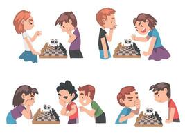 Cute Children Playing Chess Game Set, Boys and Girls Competing in Tournament, Leisure Activity, Logic Game for Brain Development Concept Cartoon Style Illustration vector