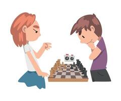 Cute Boy and Girl Playing Chess Game Together, Kids Chess Club, Tournament, Leisure Activity, Logic Game for Brain Development Concept Cartoon Style Illustration vector