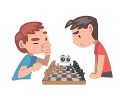 Cute Boys Playing Chess Game Together, Kids Chess Club, Tournament, Leisure Activity, Logic Game for Brain Development Concept Cartoon Style Illustration vector