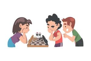 Cute Children Playing Chess Game Together, Kids Chess Club, Tournament, Leisure Activity, Logic Game for Brain Development Concept Cartoon Style Illustration vector