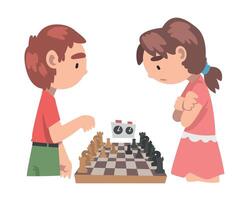 Cute Boy and Girl Competing in Chess, Chess Club, Tournament, Logic Game for Brain Development Concept Cartoon Style Illustration vector