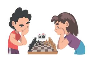 Ywo Boys Playing Chess Game at Chess Club or Tournament, Logic Game for Brain Development Cartoon Style Illustration vector