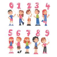 Cute Boys and Girls Holding Pink Balloons Shaped as Numbers Cartoon Style Illustration vector