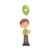 Cute Boy Holding Green Balloon Shaped as 0 Number Cartoon Style Illustration vector