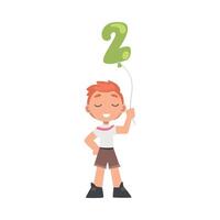 Cute Boy Holding Green Balloon Shaped as 2 Number Cartoon Style Illustration vector