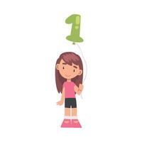 Cute Girl Holding Green Balloon Shaped as 1 Number Cartoon Style Illustration vector