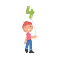Cute Boy Holding Green Balloon Shaped as 4 Number Cartoon Style Illustration vector