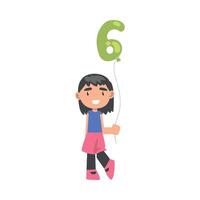 Cute Girl Holding Green Balloon Shaped as 6 Number Cartoon Style Illustration vector