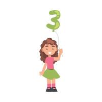 Cute Girl Holding Green Balloon Shaped as 3 Number Cartoon Style Illustration vector