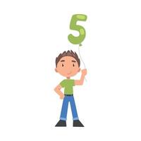 Cute Boy Holding Green Balloon Shaped as 5 Number Cartoon Style Illustration vector