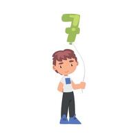 Cute Boy Holding Green Balloon Shaped as 7 Number Cartoon Style Illustration vector