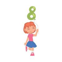 Cute Girl Holding Green Balloon Shaped as 8 Number Cartoon Style Illustration vector