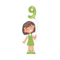 Cute Girl Holding Green Balloon Shaped as 9 Number Cartoon Style Illustration vector
