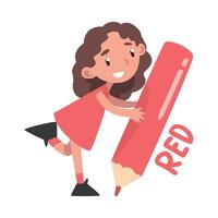 Tiny Girl Holding Huge Red Pencil, Cute Girl in Red Dress Drawing with Large Crayon Cartoon Style Illustration vector
