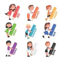 Tiny Girl Holding Huge Colored Pencils Set, Cute Girls and Boys in Colorful Clothes Drawing with Large Crayons Cartoon Style Illustration vector