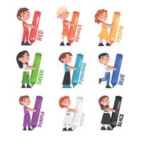 Tiny Girl Holding Huge Colored Pencils Set, Cute Girls and Boys Drawing with Large Crayons Cartoon Style Illustration vector
