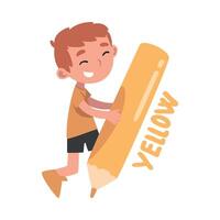 Tiny Boy Holding Huge Yellow Pencil, Cute Kid Drawing with Large Crayon Cartoon Style Illustration vector