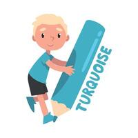 Tiny Boy Holding Huge Turquoise Pencil, Cute Kid in Turquoise T-shirt and Black Shorts Drawing with Large Crayon Cartoon Style Illustration vector