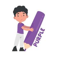 Tiny Boy Holding Huge Purple Pencil, Cute Kid Drawing with Large Crayon Cartoon Style Illustration vector