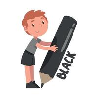 Tiny Boy Holding Huge Black Pencil, Cute Kid Wearing Gray T-shirt and Black Shorts Drawing with Large Crayon Cartoon Style Illustration vector