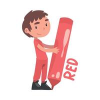 Tiny Boy Holding Huge Red Pencil, Cute Kid Wearing Red Clothes Drawing with Large Crayon Cartoon Style Illustration vector