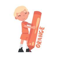 Tiny Boy Holding Huge Orange Pencil, Cute Kid Wearing Orange Clothes Drawing with Large Crayon Cartoon Style Illustration vector