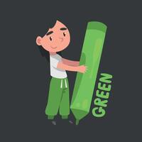 Tiny Girl Holding Huge Green Pencil, Cute Girl Drawing with Large Crayon Cartoon Style Illustration vector