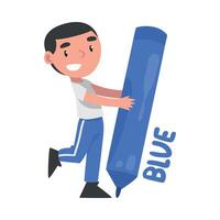 Tiny Boy Drawing with Huge Blue Pencil, Cute Boy Holding Large Crayon Cartoon Style Illustration vector