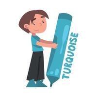 Tiny Boy Drawing with Huge Turquoise Pencil, Cute Boy Holding Large Crayon Cartoon Style Illustration vector