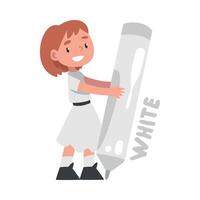 Tiny Girl Drawing with Huge White Pencil, Cute Girl Holding Large Crayon Cartoon Style Illustration vector