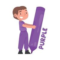 Tiny Boy Holding Huge Purple Pencil, Cute Kid Wearing Purple Clothes Drawing with Large Crayon Cartoon Style Illustration vector
