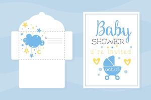 Baby Shower Invitation Card and Envelope Design in Blue Pastel Colors Illustration vector