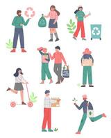 People Caring about Environment and Ecology Set, Men and Women Gathering Garbage for Recycling, Using Eco Bags and Choosing Eco Friendly Lifestyle Illustration vector