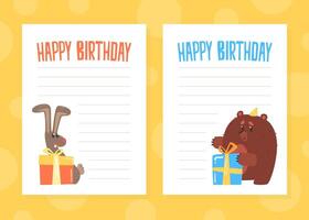 Lined Paper with Cute Wild Animals Set, Notebook Sheet, Happy Birthday Invitation Card Cartoon Illustration vector