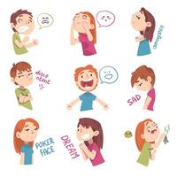 Children with Different Facial Expressions Set, Boys and Girls Showing Various Emotions Cartoon Style Illustration vector