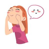 Cute Shy Girl, Kid with Cute Face with Pink Blushing Cheeks in Speech Bubble Cartoon Style Illustration vector