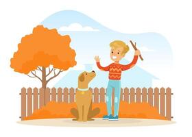 Smiling Boy Training Dog on Backyard, Kid Playing with Pet Animal on Autumn Landscape Cartoon Illustration vector