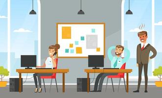 Business People Characters Working at Computers, Office Indoor Space Interior with Employees Flat Style Illustration vector