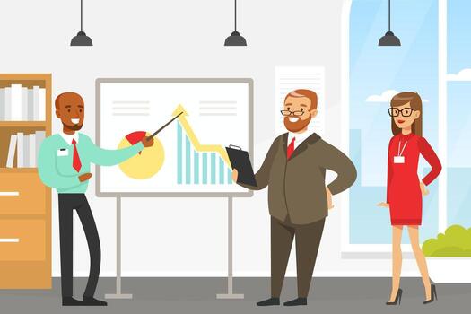 Businessman Making Presentation and Explaining Chart on Whiteboard, Business People or Office Workers Characters Working on Project Flat Style Illustration vector