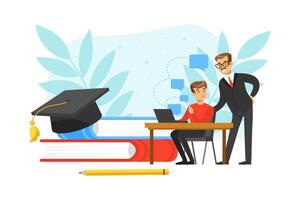 Businessman Chief Looking over Shoulder of Employee Working on Computer, Mentor Training New Worker at Desk Flat Illustration vector