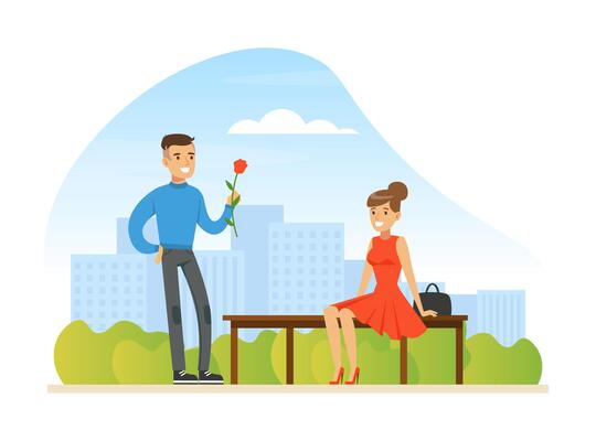Couple in Love on Romantic Date, Man and Woman Having Romantic Date in City Park Cartoon Illustration