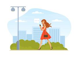 Beautiful Girl Sending Messages via Smartphone while Walking Down the Street, Young Woman Using Mobile Phone for Online Communication Illustration vector