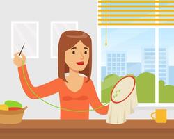 Young Woman Embroidering on Canvas, Creative Handicraft Hobby Cartoon Illustration vector
