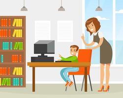 Woman Teacher Helping Elementary School Student in Computer Class, Mother Teaching her Son, Education and Learning Concept Cartoon Illustration vector