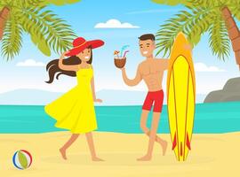 Young Man and Woman Having Summer Vacation, Couple Walking on Tropical Beach with Surfboard Cartoon Illustration vector