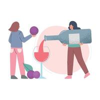 Women Drinking Wine, Tiny Girl Pouring Wine from Huge Bottle Cartoon Style Illustration vector